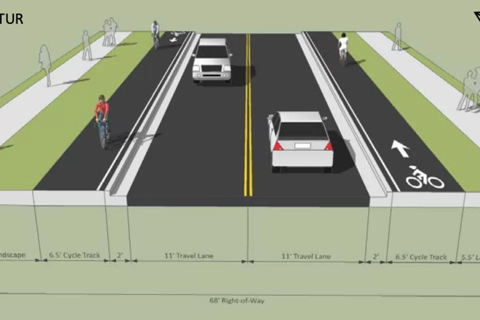 Rendering of proposed Church Street raised separated cycletracks and reduced traffic lanes